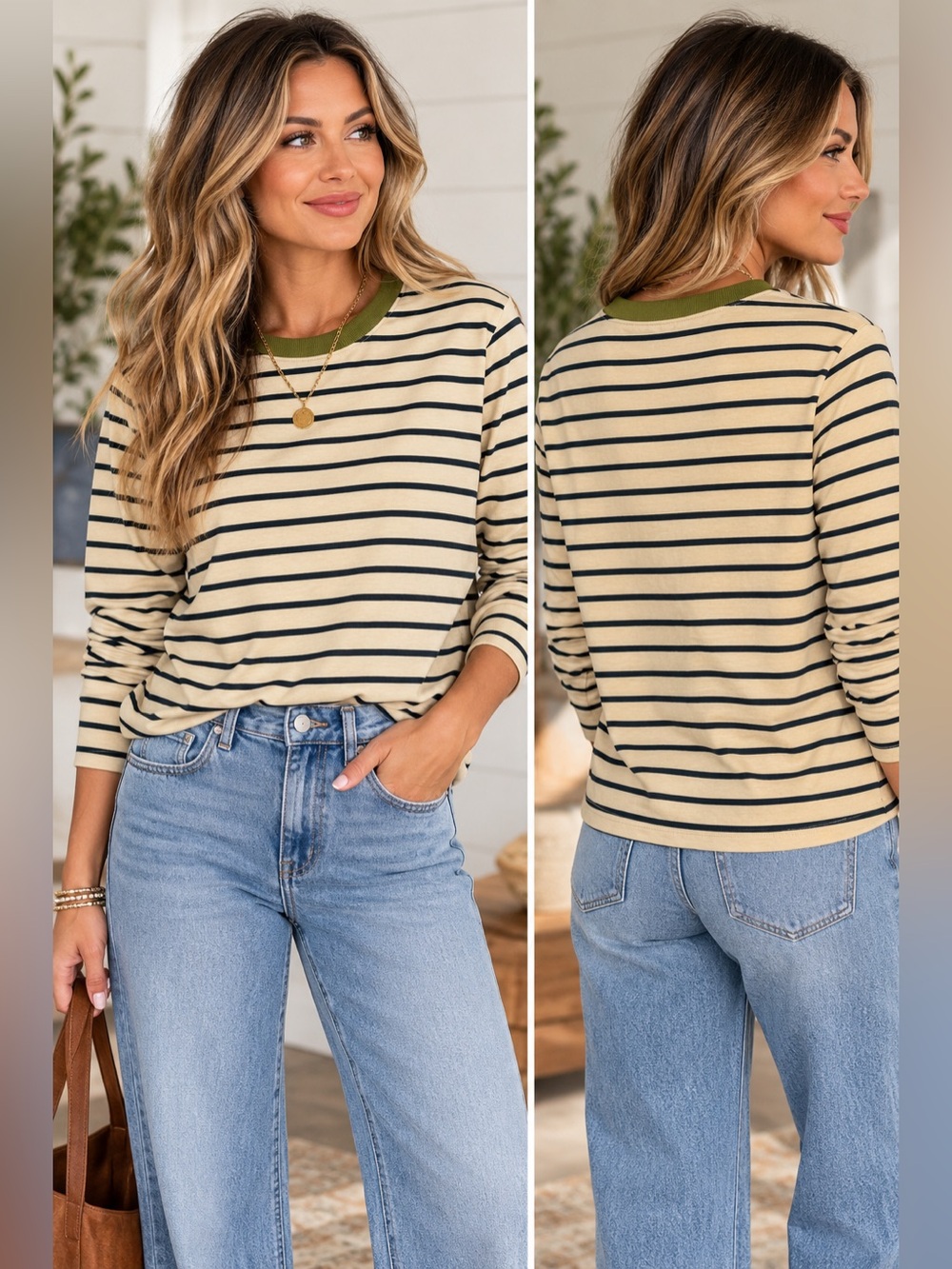 Old Khaki Striped Long Sleeve Top Size 10/ Medium